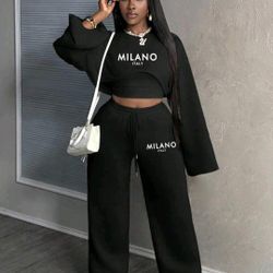 Women’s 3-Piece Milano Italy Set – Crop Top + Sweatshirt + Wide-Leg Pants, Black, L
