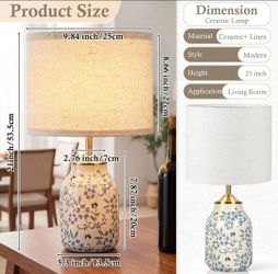 Pokat Ceramic Table Lamp Blue White Floral 21in Linen Shade Crackle Finish