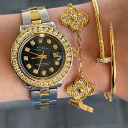 Rolex Lady-Datejust 26mm 6917 Black Diamond Dial & Diamond Bezel Two Tone 18k yellow gold & stainless steel Box Papers Serial Tag