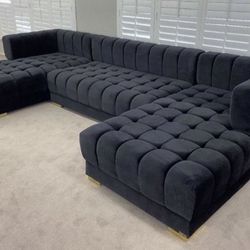 🦋Showroom,Fast Delivery, Finance,Web🦋Ariana Black Velvet Double Chaise "U" Shape Sectional Sofa Comfortable Couch