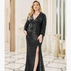 Amazon, Ever-Pretty Women's Plus, Black Sequin, Long Sleeve, Dress, Size 18 ( 2XL), Used Once Just Needs To Be Dry Cleaned 🧼 