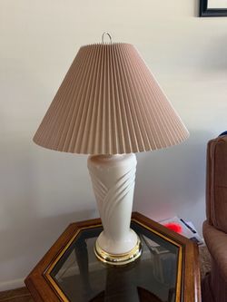 Pair of Vintage Ivory Ceramic Table Lamps with Pleated Shades