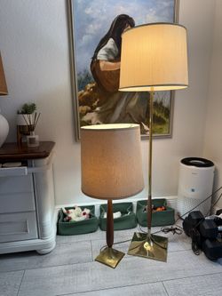 Vintage  Mid Century Set of 2 Lamps Wood and Metal, Original Shade 