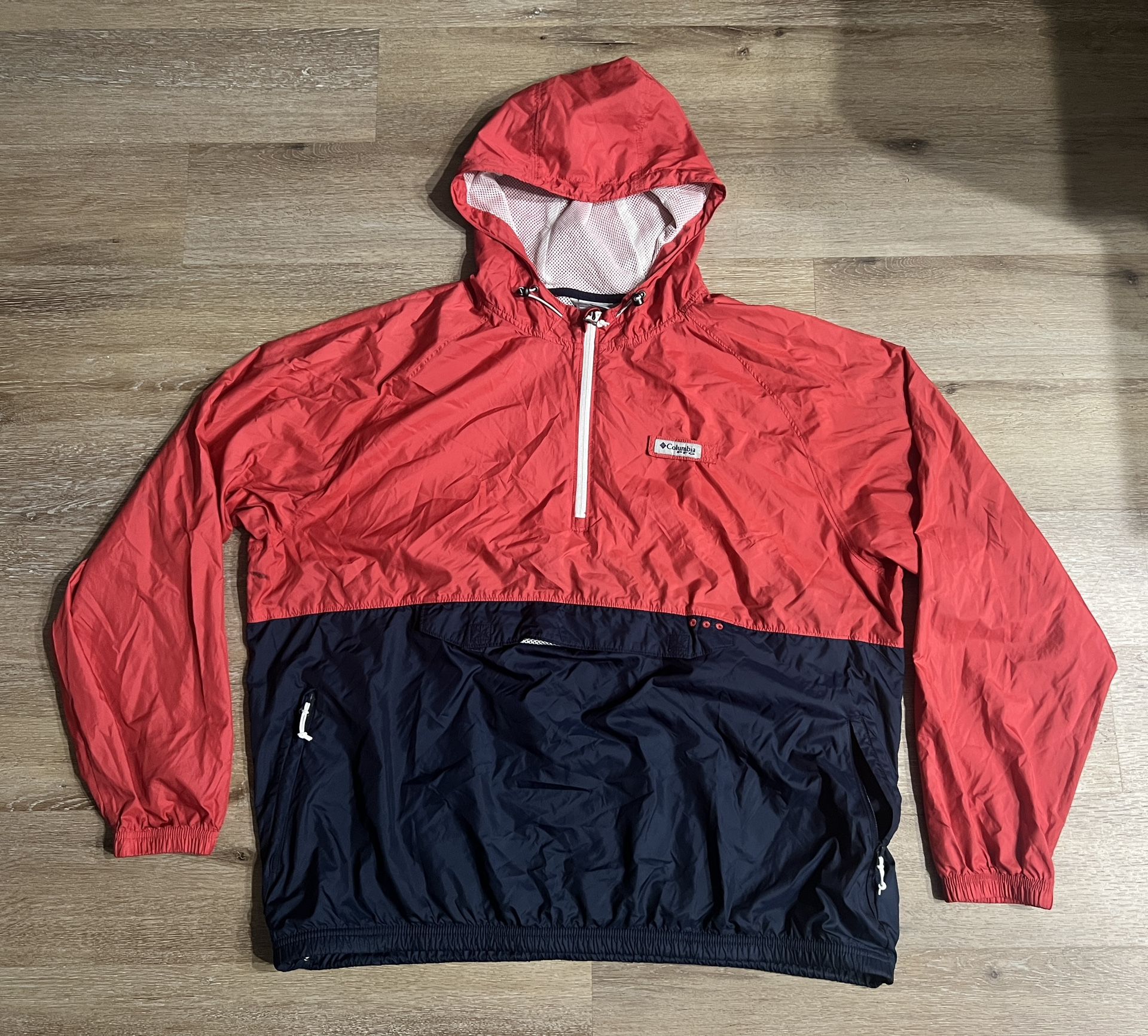 Columbia Jacket Men’s Size XXL Red Blue Hooded Anorak Lightweight Windbreaker