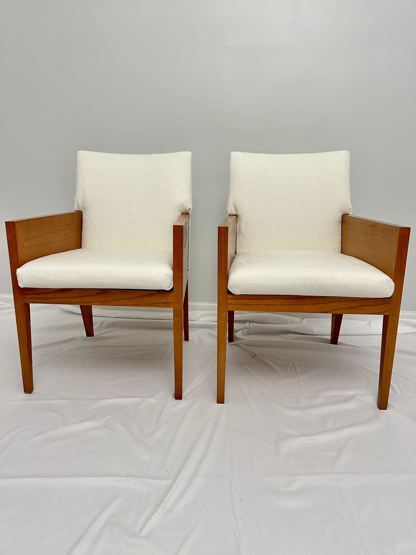 ICONIC!! MIDCENTURY MODERN SOLID HEAVY WOOD CHAIRS - WHITE BOUCLE - BRAND NEW UPHOLSTERY - VERY NICE!