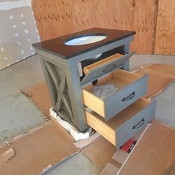 Bathroom Vanity Gray Real Wood & Marble Top