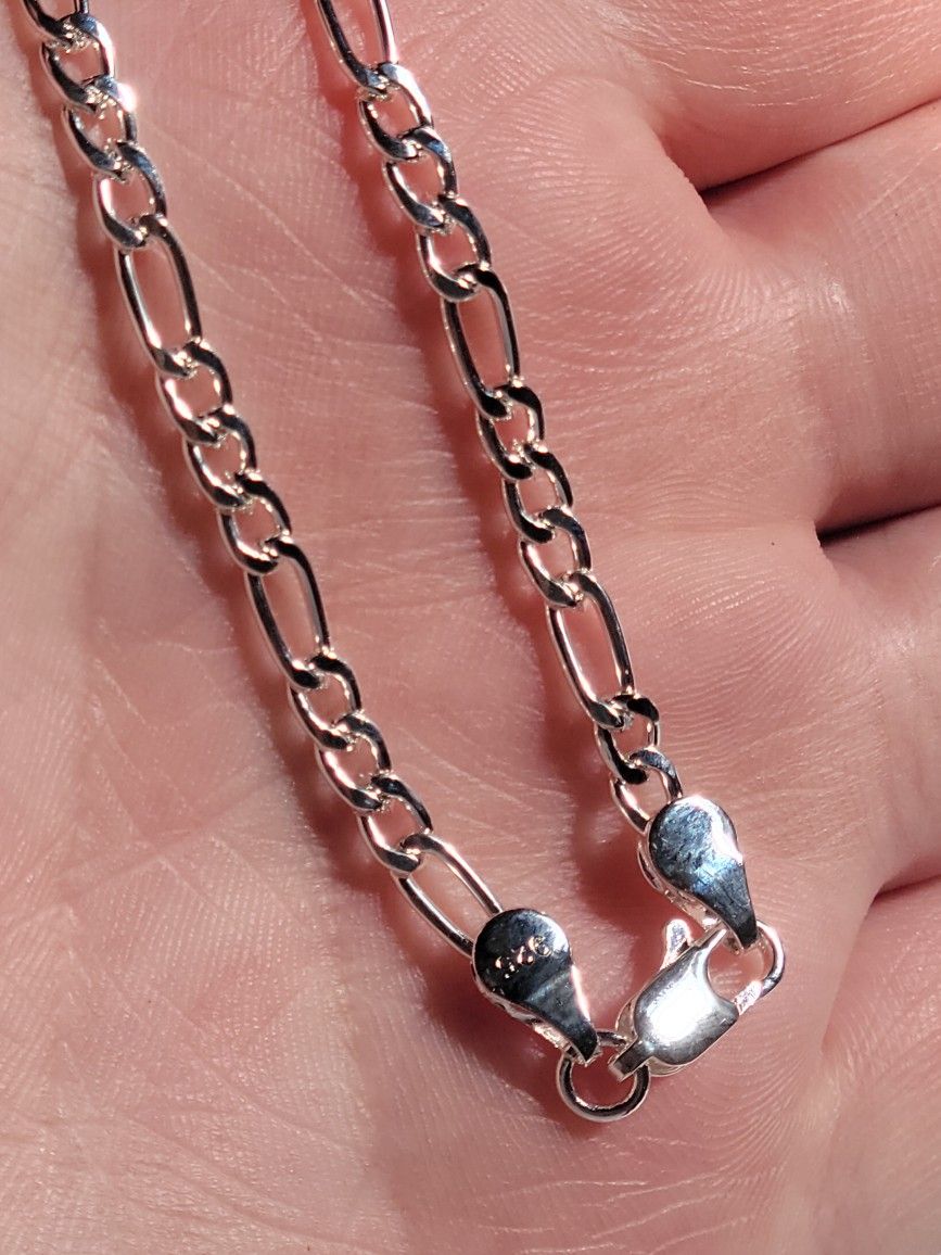 925 Silver Figaro Bracelet Unisex 4mm Thick Plated 8" Long