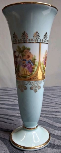 Vintage Porcelain Vase with Romantic Scene and Gold Trim