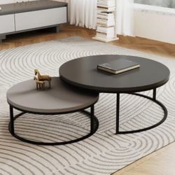 Modern Nesting Coffee Table Set, Gray Round Tables with Black Metal Legs