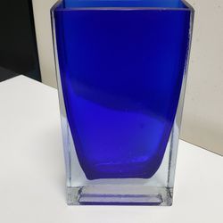 Mid Century Clear Blue Cased Glass Monolith Vase
