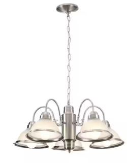 Hampton Bay Halophane 5-Light Brushed Nickel Chandelier with Frosted Ribbed Glass Shades