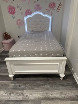 White Twin Bed Frame with LED Upholstered Headboard