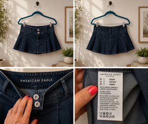 American Eagle Pleated Denim Low-Rise Mini Skort