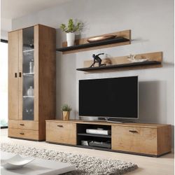 TV Entertainment Center with upright cabinet, console, and shelving