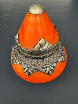 Moroccan Tajine Trish Trinket Box Orange Resin Brass Vintage 5"
