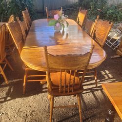 Dining Table And 8 Chairs full Set/Oak Solid Wood/Double Leafs/8 foot table/Country/Long/Large/Rustic/Farmhouse/Double Pedestal