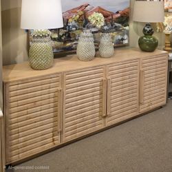New Four-Door Sideboard Console Table Or TV Stand in Hand-Stained Natural Finish.
