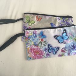 NWOT 2 Butterfly Zippered Satin Cosmetic Bag 9”x5” w/black zipper + wristlet
