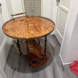Italian Vintage Bar Cart – Floral Inlay, Brass Trim, Bottle Holder