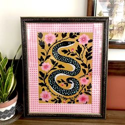 Mexican Snake Serpent Canvas Art Print Large Gold Black Framed Wall Art Southwestern 18.25x22.25”