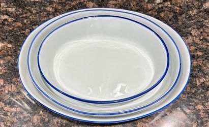 Nesting Serving Platters-Oval shape White with Blue Hand Painted Rim. set of 3-Heavy- Vintage!