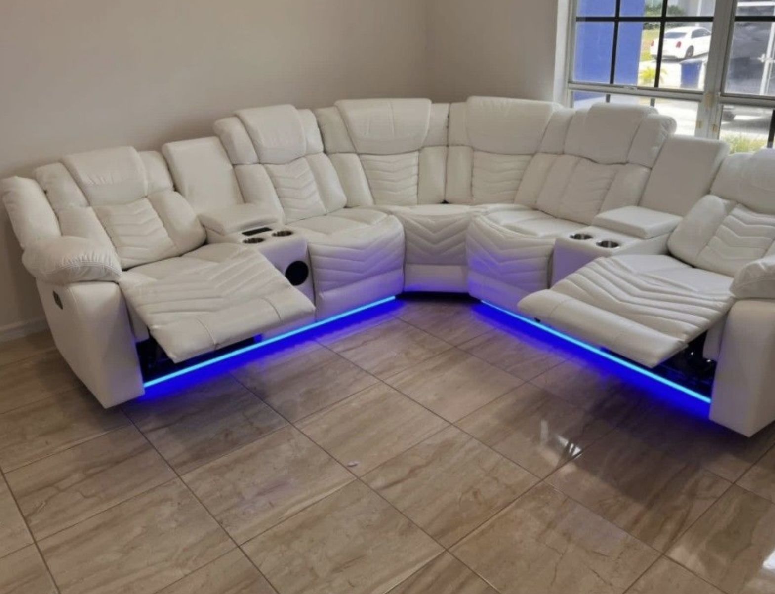 White Recliner Sectional - LEATHER