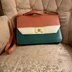 Coral, White And Green Crossbody Purse With Front Latch