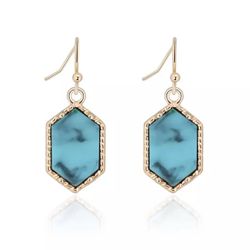 small Gold Turquoise Aqua Blue Marble hexagon Dangle earrings