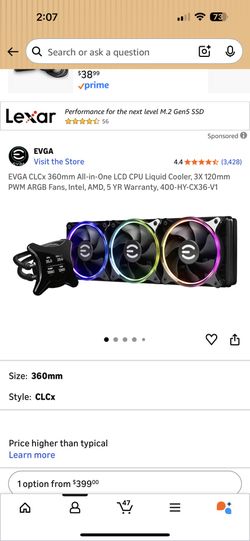 EVGA CLCx 360mm All-in-One LCD CPU Liquid Cooler, 3x 120mm PWM ARGB Fans, Intel, AMD, 5 YR Warranty, 400-HY-CX36-V1