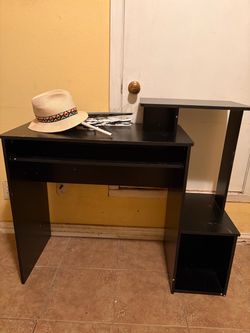 Black Computer Desk with Side Shelves