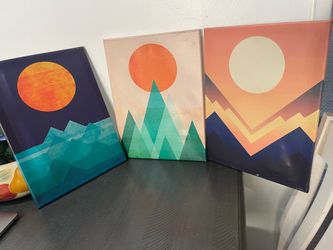 3-Piece Geometric Mountain Sunrise Canvas Wall Art Set - Modern Abstract