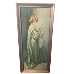 Antique Painting on Paper Portrait Woman With Baby Gold Framed Mixed Media Art