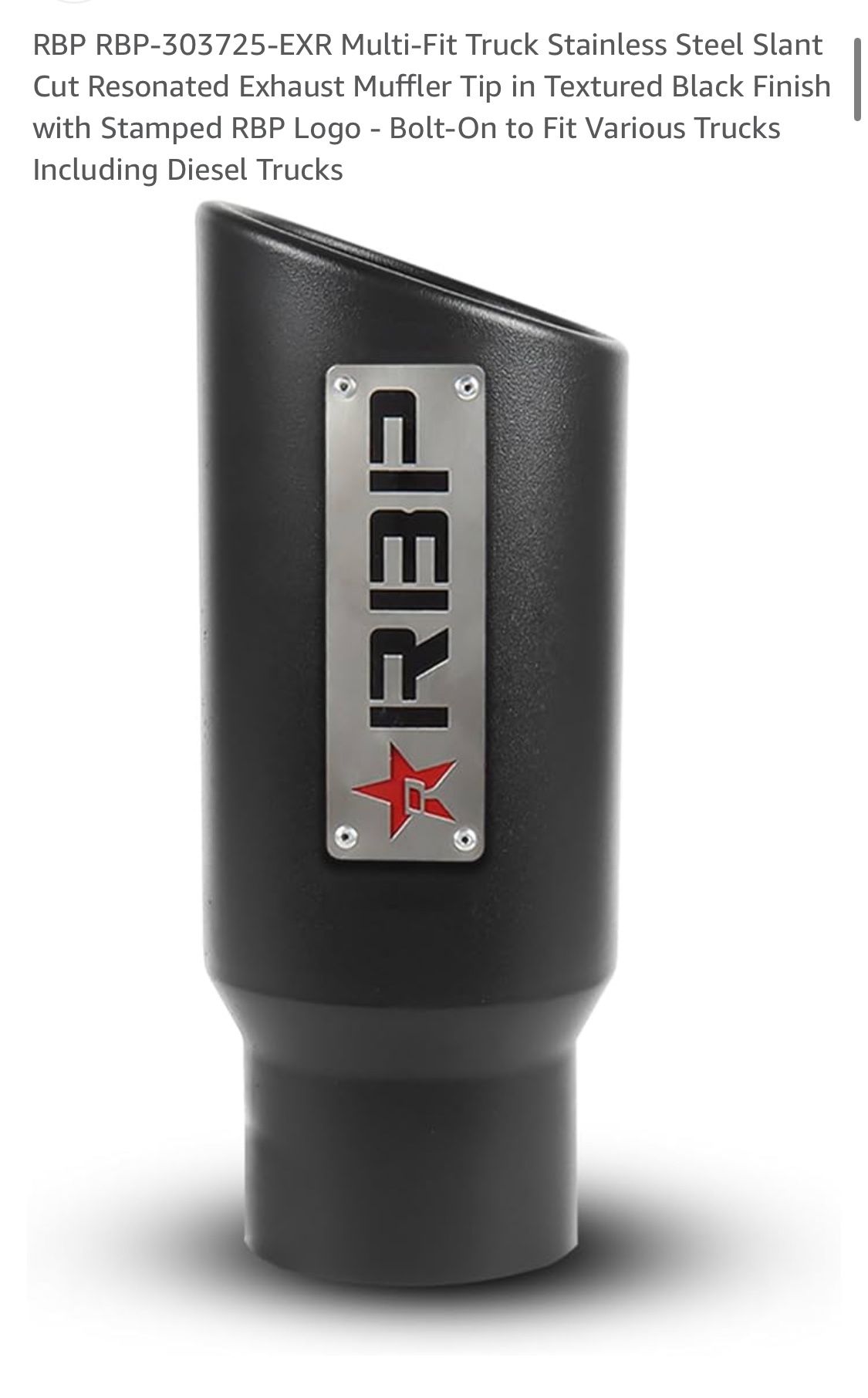 EXR Multi-Fit Truck Stainless Steel Slant Cut Resonated Exhaust Muffler Tip in Textured Black Finish with Stamped RBP Logo - Bolt-On to Fit Various Tr
