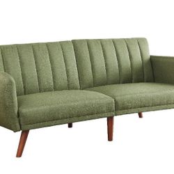 COUCH SOFA MID CENTURY MODERN GREEN LINEN WALNUT FINISH FUTON SOFA ADJUSTABLE BED - SILLON CAMA