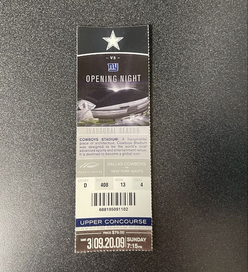 Dallas Cowboys Vs Giants First Opening Day New Stadium Season Ticket 9/20/2009
