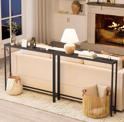 Console Table Set of 2, Couch Tables with Outlets for Sofa Narrow Behind Couch Table with 2 Hooks, 78.8", Easy Assembly, for Entryway, Living Room, Eb