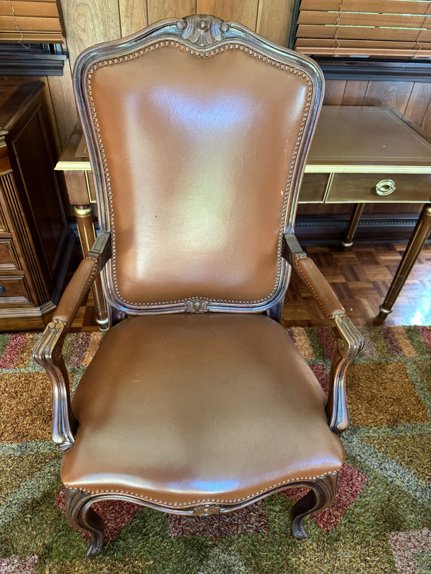Vintage Solid Wood Leather Armchair – 1990s Traditional Style