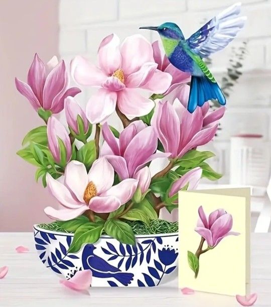 Magnolia Flowers & Bird 12-inch Pop Up Paper Card, Forever Flower Bouquet 3D Greeting Card with Blank Note and Envelope for Birthdays, Anniversaries,