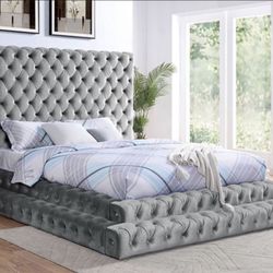 Queen Grey Velvet Step Up Bed Frame Brand New In Box 
