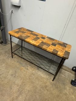 Stone Tile Mosaic Console Table with Glass Shelf & Metal Frame