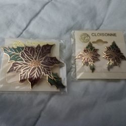 Vintage Cloisonne Gold Tone Enamel Poinsettia Floral Flower Brooch Pin & clip on earrings