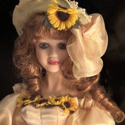 Vintage Porcelain Doll , Sunflowers & Curly Red Hair,   (Known As 'Bridesmaid)       