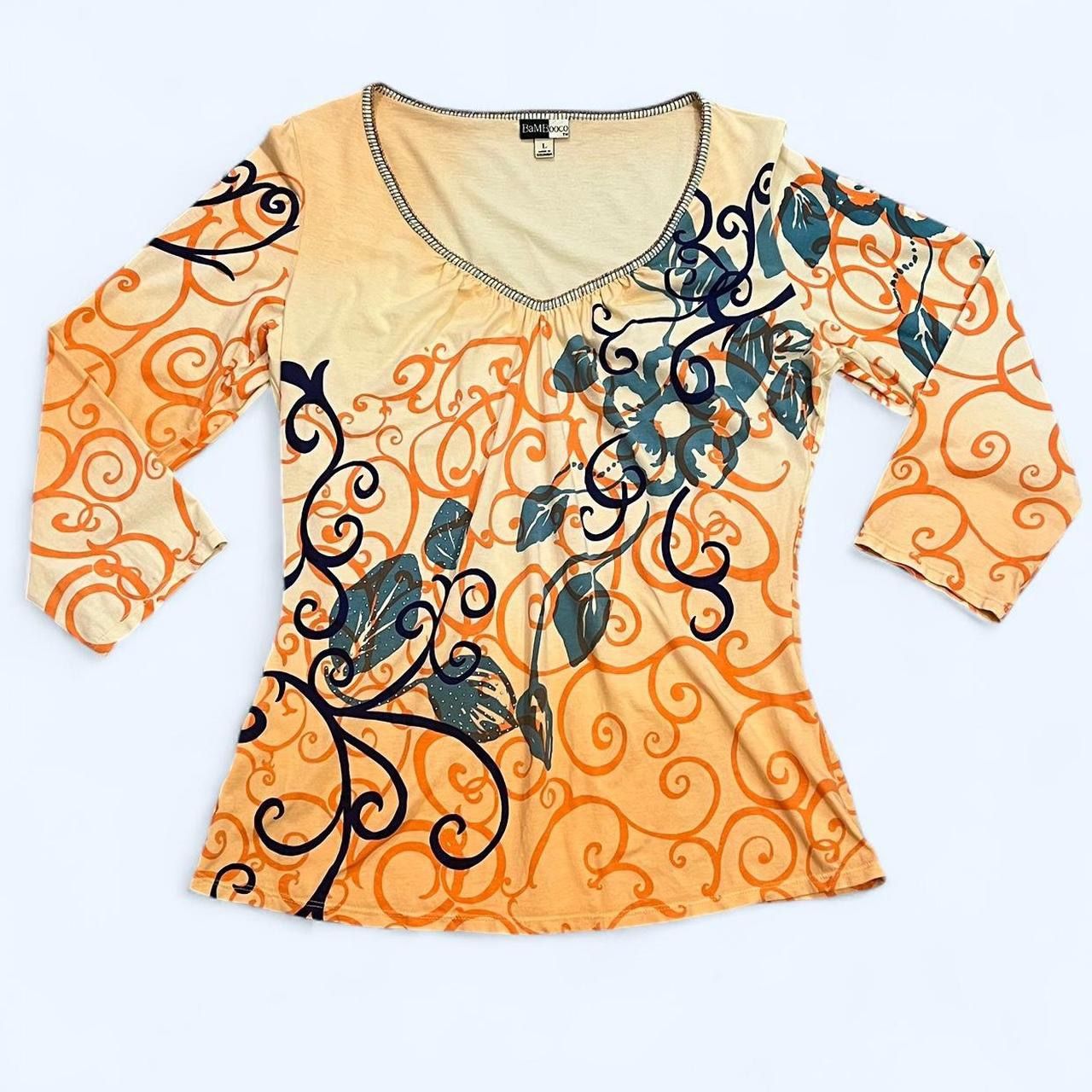 Bamboo Co Women’s Large Orange and Blue Pima Cotton Floral Beaded Neckline Blouse Top