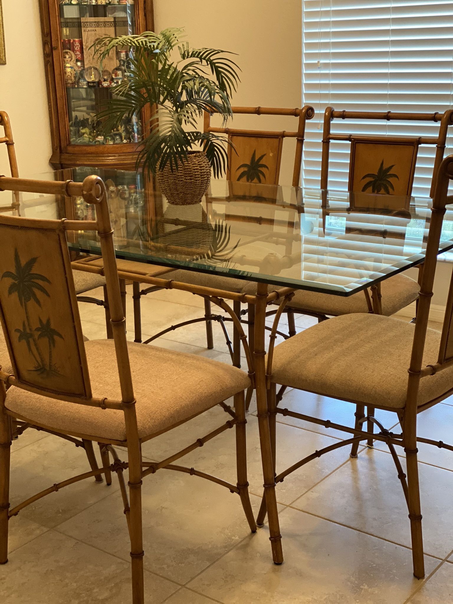 Beautiful Dining Table Set. Modern Glass. Sturdy Metal Chairs With Bamboo Design