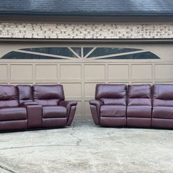 Burgundy Real Leather Sofa & Loveseat (Delivery Available!)