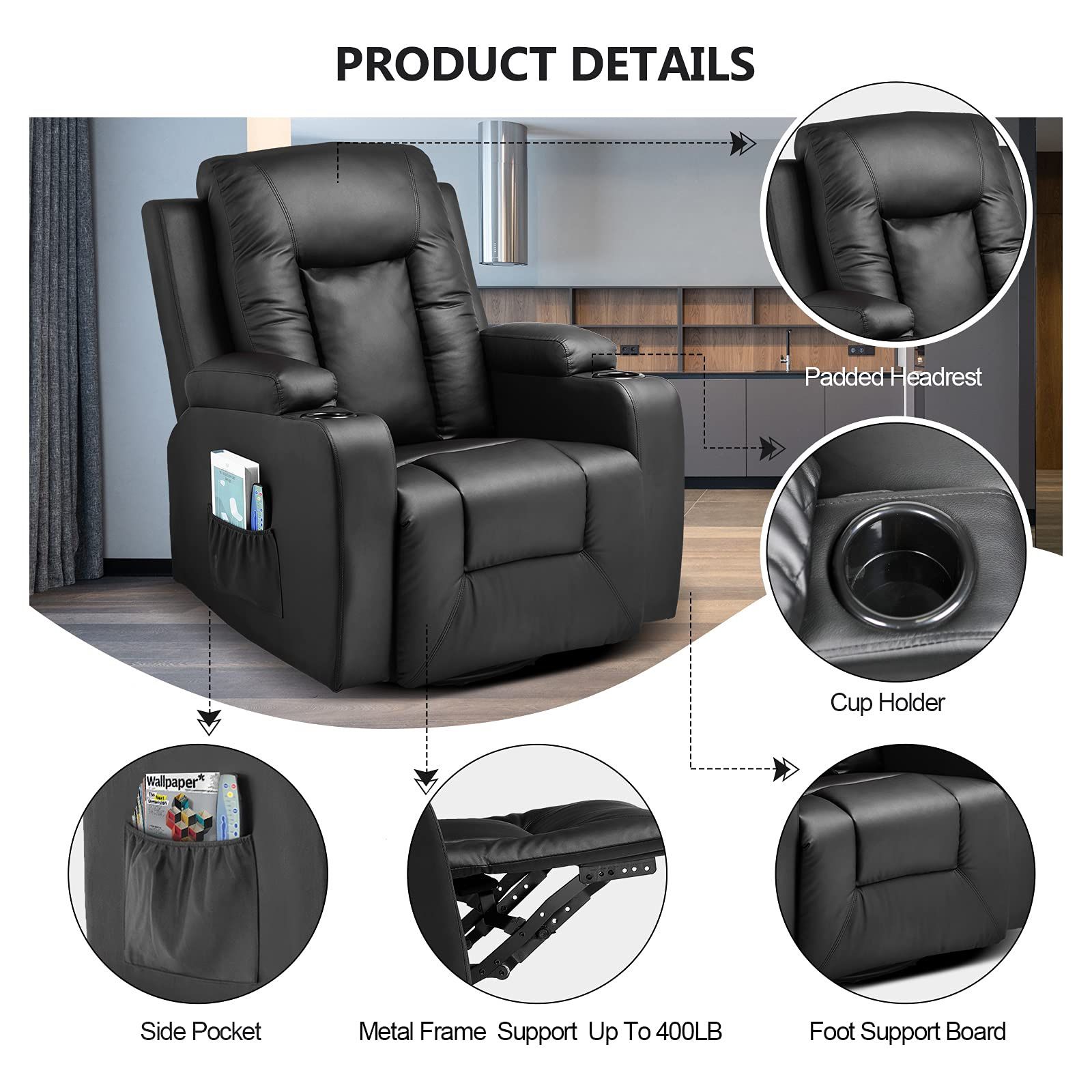 Heated Massage Leather Recliner Rocker
