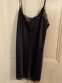 Victoria Secret Black Satin Slip Dress with Lace Trim