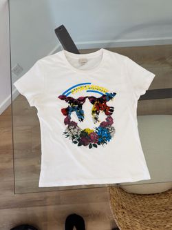Pinko Bird Floral Appliqué Beaded Sequin Graphic Tee White Size S Made Italy