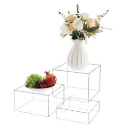 3Pcs Clear Acrylic Risers Display Stand, Buffet Risers with Hollow Bottom, Acrylic Cube Box for Figures Jewelry Perfume Handbag Food Dessert Party Sho