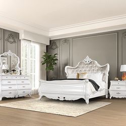 💎 VINTAGE CLASSIC DESIGN WHITE / TAN QUEEN SIZE BED FRAME DIAMOND TUFTING💎